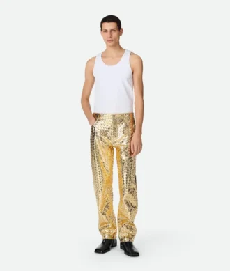 Laminated Intrecciato Leather Straight Pants
