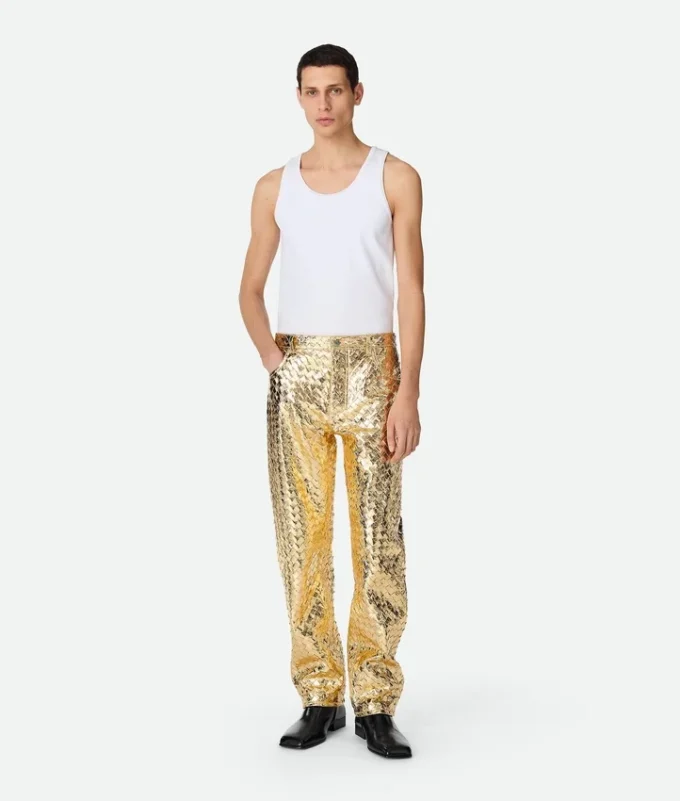 Laminated Intrecciato Leather Straight Pants