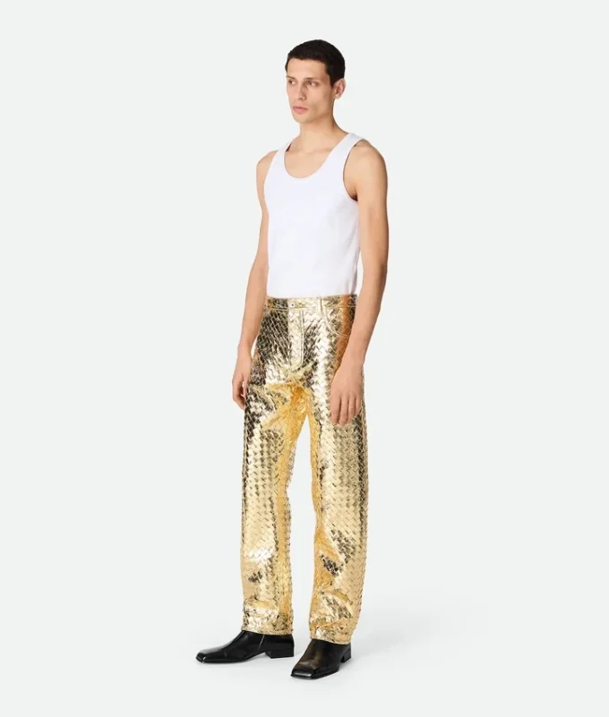 Laminated Intrecciato Leather Straight Pants