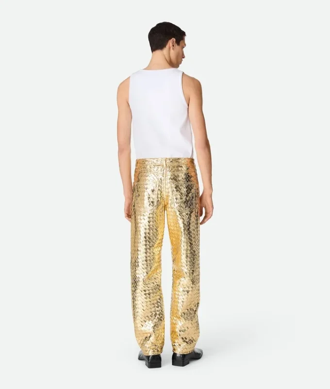 Laminated Intrecciato Leather Straight Pants